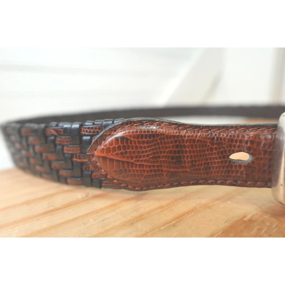 Vintage Brighton Belt Woven Leather Size 38 Unisex Black & Brown Lizard Skin